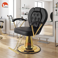 Fauteuil de Barbier Hydraulique Luxe Or et Chrome avec Revêtement en Cuir Boutonné pour Poste de Salon