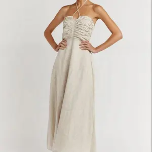100% lino naturale Halter Maxi abiti abbigliamento Backless Ladies Summer White Dress cotone lungo lino Wrap abito di lino per le donne