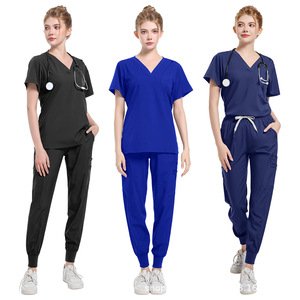 Women's Scrub Set Short Sleeve V Neck Top With Pocket Jogger Pants Hospital Uniform Moisture Wicking Split Set - Product Image 5