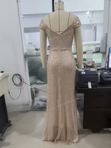 Abito da Sera Elegante da <span class=keywords><strong>Donna</strong></span> per Feste Estive, Sexy con Scollo a Barca, Paillettes, Traspirante, Lungo fino a Terra con Spacco, Novità a Tinta Unita - Product Image 4