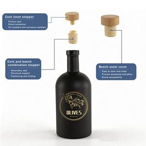 Botella de Vidrio Redonda de 500 ml para Licor, Ginebra, Aceite de Oliva, Ron, Whisky y Vodka, Estilo Nórdico Negro Mate, con Tapón de Corcho y Boquilla - Product Image 1