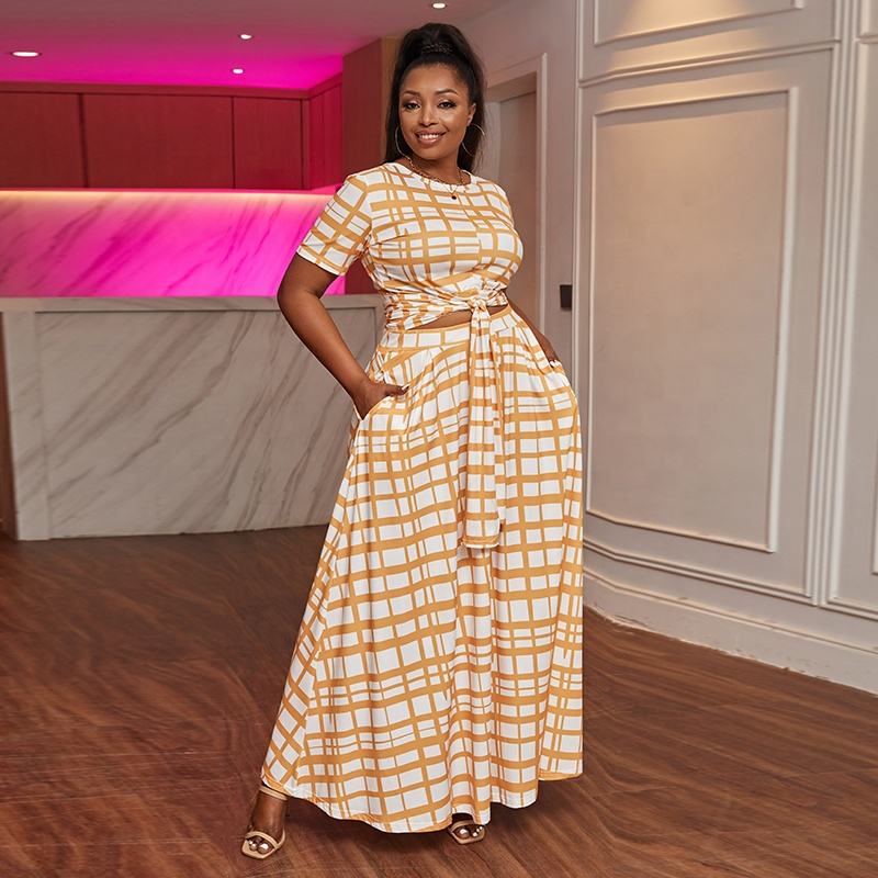 Fashion Women Two Piece Dress Solid Color Print Suit Plus Size