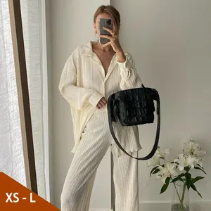 XS-L Hot Selling Casual Loose Plissee 2-teiliges Set Langarm blusen Hose mit weitem Bein Beige Elegante Herbst-Outfits für Frauen