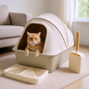 Bac à litière pour chat XL, à parois hautes, fermé, anti-fuite, en acier inoxydable, rectangulaire, 100 L, fonctionnement manuel, pour chats - Product Image 2