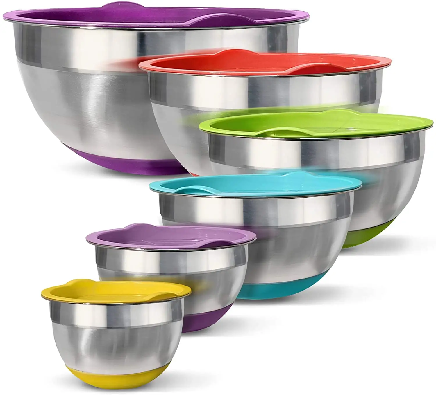 Home Kitchenware Non Slip Silicone Bottom Stainless Steel Salad Mixing Bowls Set with Airtight Lids