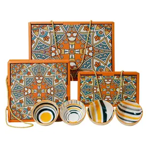 4.5inch Bohemian Style Ceramic Bowls with spoon Set Porcelain Bowl Set Rice Bowl For Gift