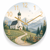Horloge murale ronde en verre avec impression paysage montagne et église, horloge murale silencieuse de luxe en verre pour décoration murale de salon de ferme