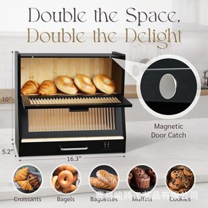 Boîte de rangement pour pain en bois à double couche avec porte en verre, organisateur de cuisine pour pain et gâteaux - Product Image 3