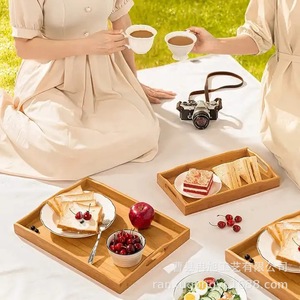 Plateau en bois de bambou avec poignées, plateau de service rectangulaire pour pain, en-cas, tasses à thé, barbecue, style simple, couleur unie - Product Image 2