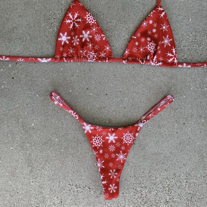 Noel baskılı mayo kadın kravat düğümlü mayo iki parçalı tanga Bikini seti - Product Image 1