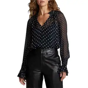 Plus Size Korean Style Women's New Black Ladies' Blouses Chiffon Fashion Dot Lantern Sleeve Sexy Women Long Sleeve Shirt