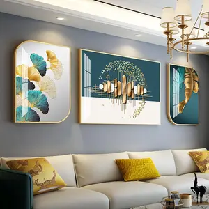 Pintura decorativa de pared de salón de nuevo diseño moderno en forma de hoja, luz de lujo, 3 piezas, pintura de arte de pared de porcelana de cristal