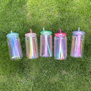 Verres à bière de 16 oz en forme de canette, plaqués arc-en-ciel irisé, vierges pour sublimation, avec couvercle en plastique coloré, entrepôt USA - Product Image 2