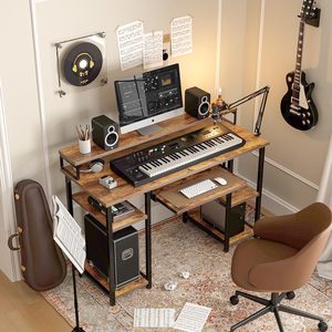 Bureau d'ordinateur marron avec plateau à clavier, bureau de 47 pouces avec support pour moniteur et étagères de rangement, poste de travail pour studio de musique - Product Image 2