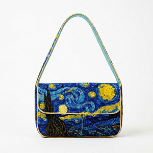 Bolso Rectangular Bordado a Mano Lavable con Diseño de la Noche Estrellada de Van Gogh, Arte Textil Coleccionable, Patrón Azul y Amarillo, Uso Diario - Product Image 1