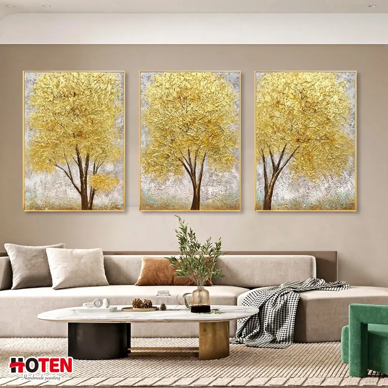 La migliore vendita Golden Fortune Tree Abstract Knife Painting 100% dipinto a mano pittura a olio per soggiorno Office Decor