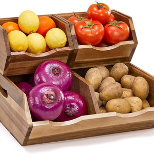 Cesta de almacenamiento compartimentada de doble capa de madera con asa para frutas, verduras y uso en la cocina, 35.5x25.4x25.9cm - Product Image 1