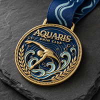 Médaille de natation en métal personnalisée avec impression UV, design plongeur en relief 3D, émail bleu bicolore, plaqué or, OEM ODM, sans MOQ, vente en gros