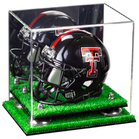 Casque de football mini-miniature en acrylique (pas pleine grandeur) vitrine avec miroir, contremarches et base de gazon