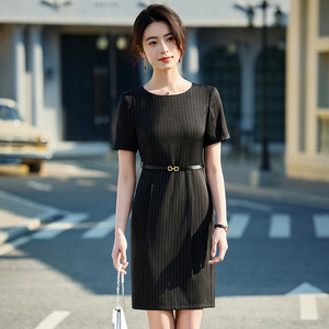 High Waist O-Neck Stripe Bodycon Dress Pumpkin Color With Belt Office Casual Women's Dress - Product Image 3