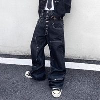 Jean Baggy Noir en Denim Personnalisable avec Double Taille, Boutons et Poches, Denim Noir Uni, Style Streetwear pour Hommes