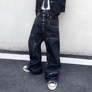 Jean Baggy Noir en Denim Personnalisable avec Double Taille, Boutons et Poches, Denim Noir Uni, Style Streetwear pour Hommes - Product Image 2