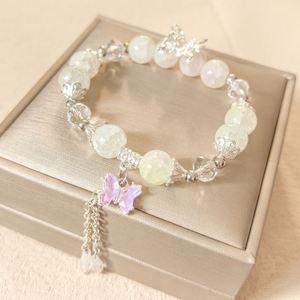 Korean Pink Crystal <b>Flowers</b> Butterfly Pendant Beaded Bracelet for Women <b>Sweet</b> Beads Chain Bracelets Girlfriend Jewelry Gifts - Product Image 3