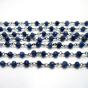 3- Feet Dyed Blue Sapphire Rondelle Faceted Size 3-4mm Dyed Beaded Wire Wrapped <b>Rosary</b> Chain - Product Image 1