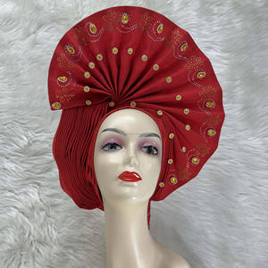 Prix usine perlé femmes rouge Auto Gele fête africaine Headtie Aso Oke avec des pierres pour la fête de désherbage - Product Image 2