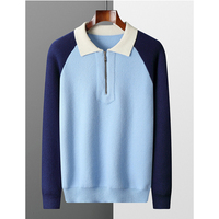Pull en laine mérinos pure à 100 % pour homme, col polo demi-zip, épaissi, color-block