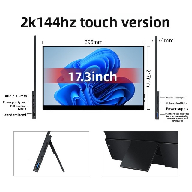 2K Portable Monitor 17.3'' 10 Point Touch UHD Dual USB C Integrated Narrow Bezel UHD Laptop Display with Type-C HD