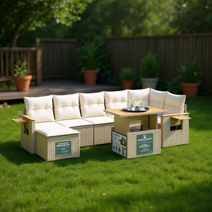 Ensemble de canapés de jardin beige 6 places en rotin, mobilier d'extérieur avec rangement, design contemporain - Product Image 2