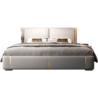 Lit King Size en Bois Massif de Luxe Léger avec Tête de Lit Rembourrée en Cuir Véritable, Ensemble de Meubles de Chambre avec Garantie de 3 Ans