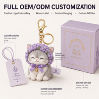Gantungan Kunci Boneka Kucing Lavender Kustom Abu-abu Dengan Topi Bunga Ungu, Pita Ungu, Bordir Logo Kustom, Kotak Hadiah Mewah