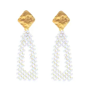 latest hanging seed bead long hollow out simple pearl gold earring
