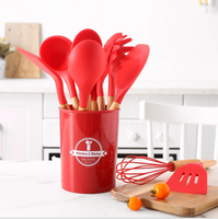 Ensemble de 12 ustensiles de cuisine en silicone avec manche en bois, fouet, brosse, racloir à beurre, spatule