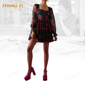 Customizzazione dei produttori di abbigliamento di lusso Premium da donna <span class=keywords><strong>con</strong></span> collo quadrato maniche lunghe svasate a strati floreale in <span class=keywords><strong>Tulle</strong></span> abito <span class=keywords><strong>corto</strong></span> causale - Product Image 1