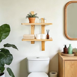 Wooden <b>Wall</b> Shelf 2 Tier Solid Wood <b>Hanging</b> Bookshelf For Living Room <b>Storage</b> Rack With Books And Decor - Product Image 2