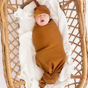 新生儿襁褓带发带和打结帽子三件套婴儿毯接受定制颜色