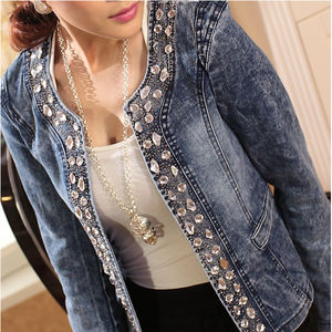 Veste en jean décontractée pour femmes Slim Fit matelassée Patchwork Rhinestone Design automne coton économique matelassée veste en jean pour femmes - Product Image 2