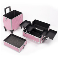 Chariot de Maquillage 3-en-1 en Aluminium Grande Mallette de Beauté Coiffure Onglerie Organiseur Cosmétique