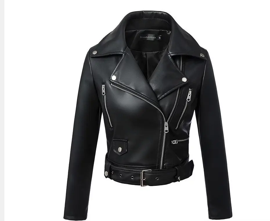 Autumn Winter Pu Leather Black Jacket Women Long-Sleeve Outerwear Casual Turn-Down Collar Slim Coat
