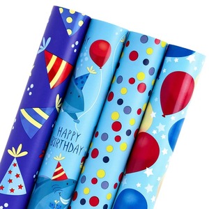 Custom Eco-Friendly Birthday Theme Gift Wrap <b>Paper</b> Roll Blue <b>Red</b> Balloons Party Hats Double Sided Coated Art <b>Paper</b> 100GSM - Product Image 1