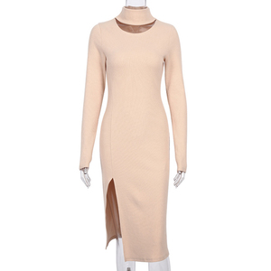 Abito Elegante Personalizzato all'Ingrosso <span class=keywords><strong>in</strong></span> Cotone a Costine Lavorato a Maglia con Collo Alto, Maniche Lunghe e Spacco, Tinta Unita, per Primavera e Autunno - Product Image 5