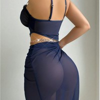 Set Lingerie Wanita Seksi Bahan Mesh Eropa/Amerika Rok Panjang