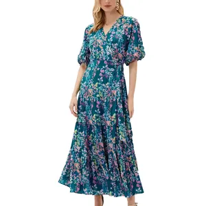Custom High Quality Floral Printing Chiffon Casual Dress Summer Lady V-neck Tie Front Maxi Wrap Women Dresses