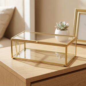 Gold-Colored Glass Jewelry Box With Metal Frame And Clear Lid 10-20 L Capacity - Product Image 3