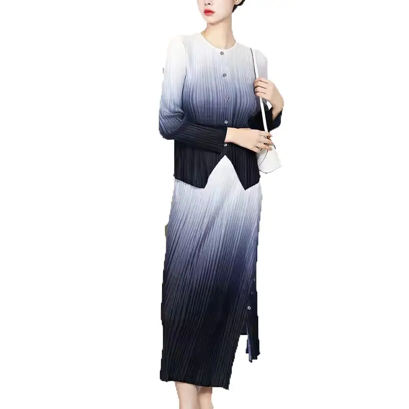 schicke plissierte damen top und röcke miyake sets 2-teilig ensemble ombre damenkleidung lässig formelles hemd und röcke anzüge