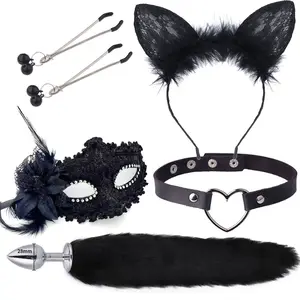 Conjunto de 5 peças de máscara de olho com venda de rabo de raposa sexy, grampo de cabelo de metal para adultos, brinquedo de metal para flertando