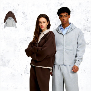Hooded Zipper Sweatshirt Men Women Solid Color Cotton Knitted Pullover Autumn Casual Oversized Hoodie <b>Set</b> - Product Image 4